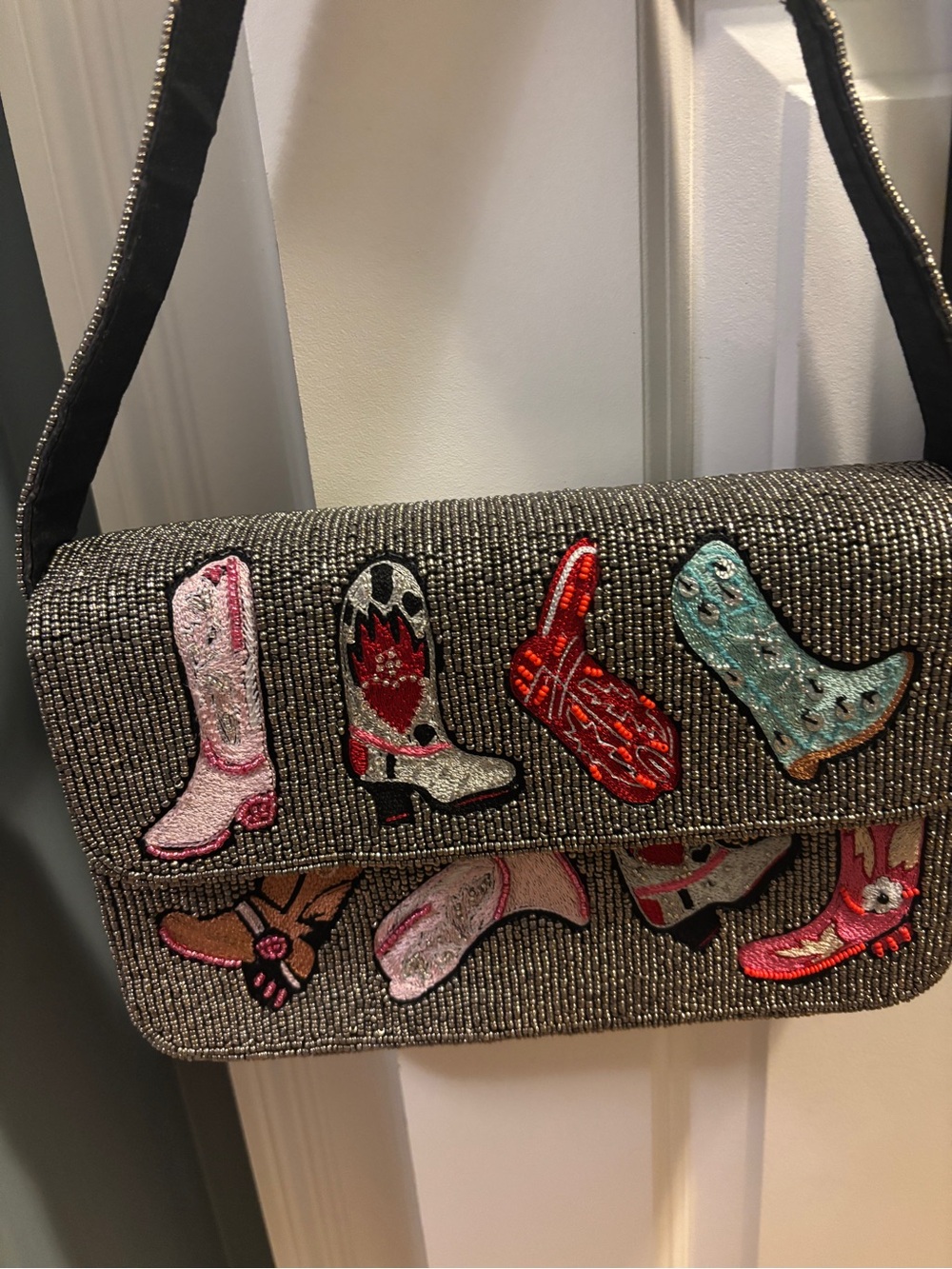 Embellished Metallic Gray Shoulder Bag with Western Boot Patches - Picture 2 of 3